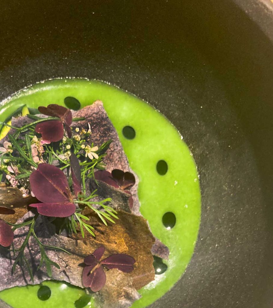 Cangrejo centollo, pipián verde de lima kaffir, albahaca tailandesa y tostadas de maíz azul