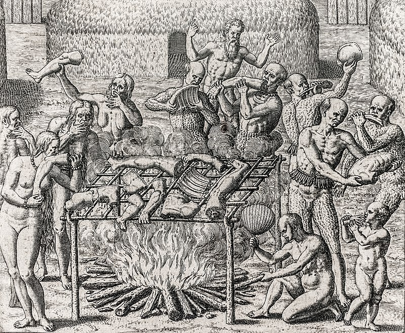 Grabado de Theodor de Bry para ilustrar el relato de Hans Staden, cautivo por los indígenas brasileños, 1557 (tomado de Wikipedia).