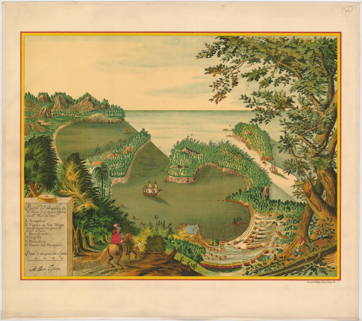 Litografía de el puerto de Acapulco en 1628, durante el virreinato de Nueva España (hoy México), en la Mar del sur.